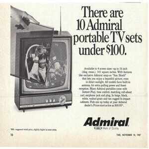 1967 Admiral Portable TV 10 Sets Under $100 Mark Quality Vintage Print Ad/Poster